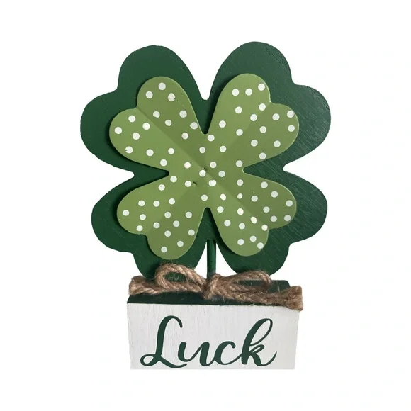 St Patrick’s Day Green White Wood Plaid/Dotted Shamrock Decor Mantel Table Set - Picture 7 of 13